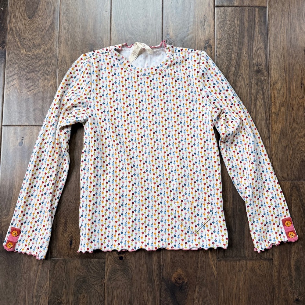 Matilda Jane Heart Print Top Kids 10 White Multi Excellent Ribbed Lettuce Edge